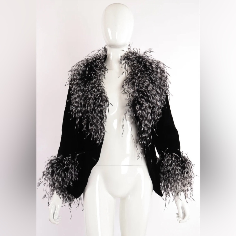 Bob Mackie Black Velvet Jacket with Ostrich Feather Trim - Picture 4 of 6